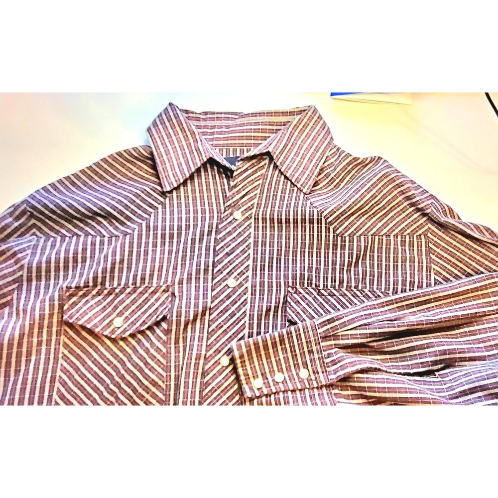 Wranglers Western Shirt Large Tall Pearl Snaps Burgandy/White Strip Long Sleeve